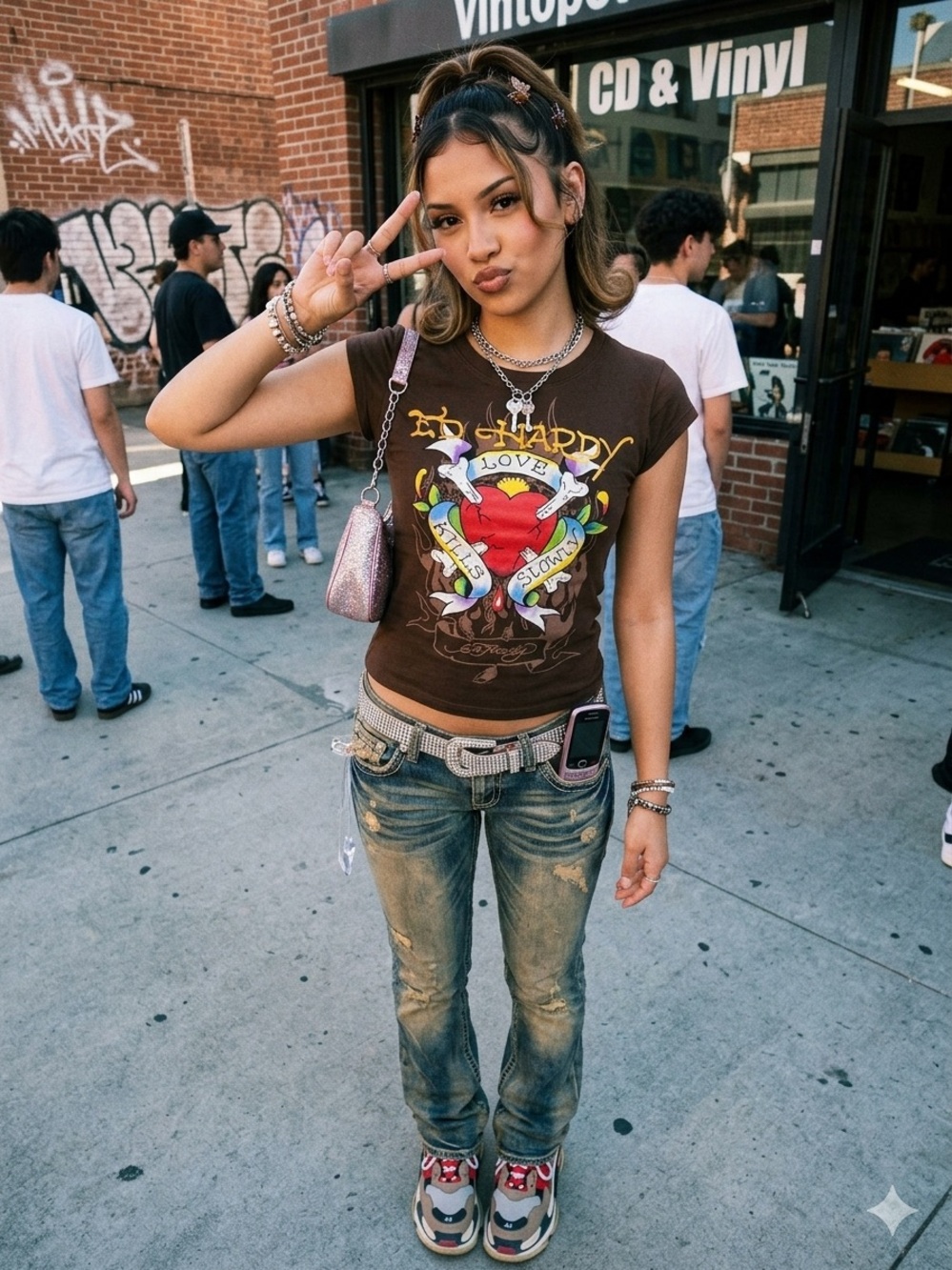 Ed Hardy Brown Short Sleeve Graphic Tee with Multicolor Heart Print